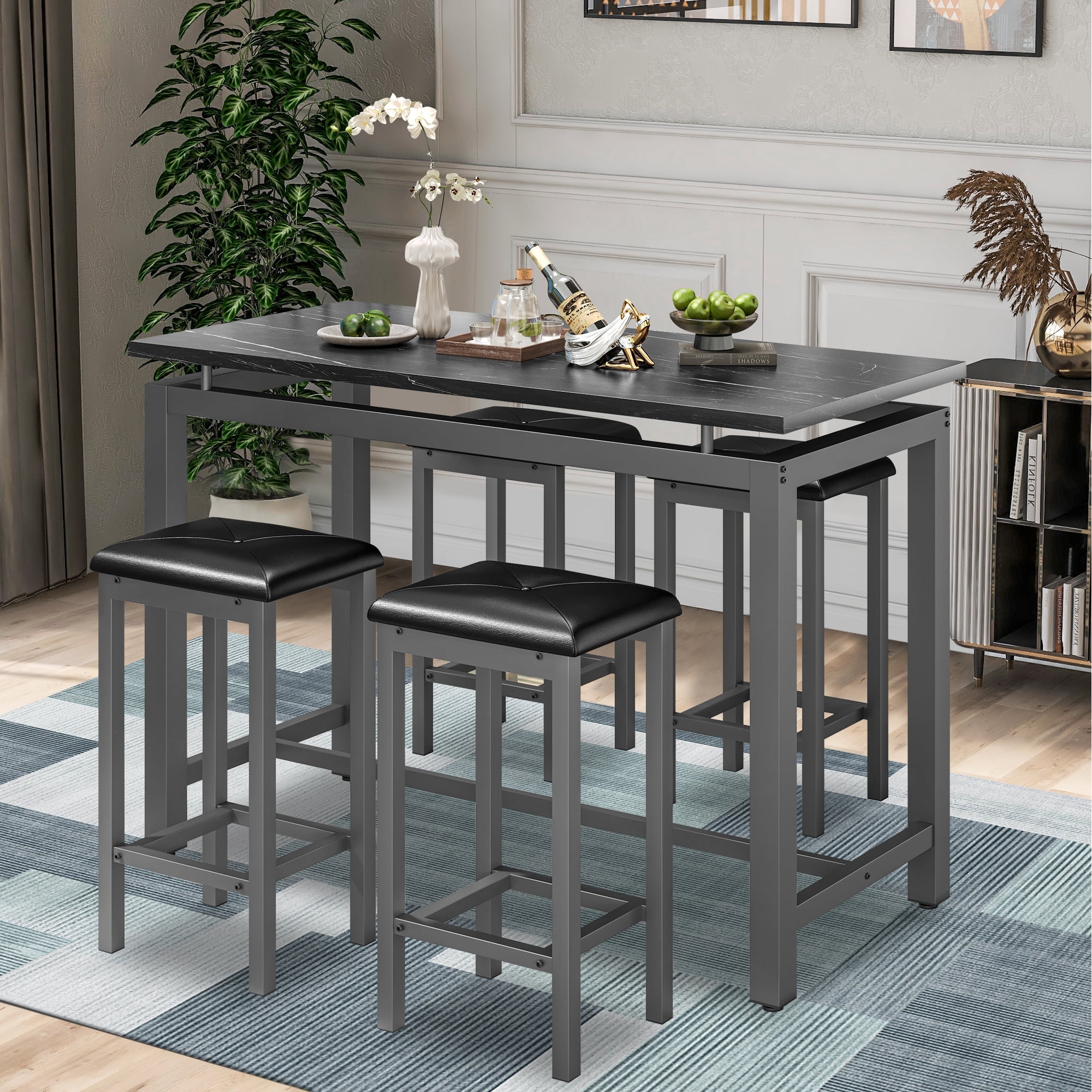 5 Piece Pub Table Set, Faux Marble Bar Table with 4 PU Leather Stools ...