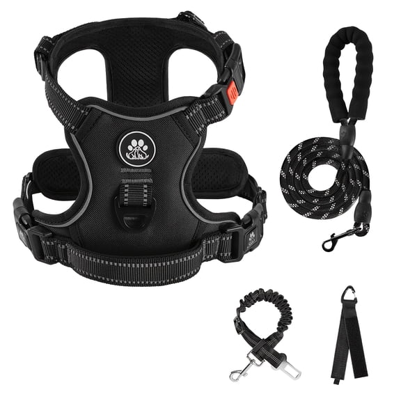 5-Piece No Pull Dog Harness Set - Fully Reflective Adjustable Collar, Professional Leash, Retractable Seatbelt & Storage Strap, No Choke Breathable Vest for Small/Large Dogs
