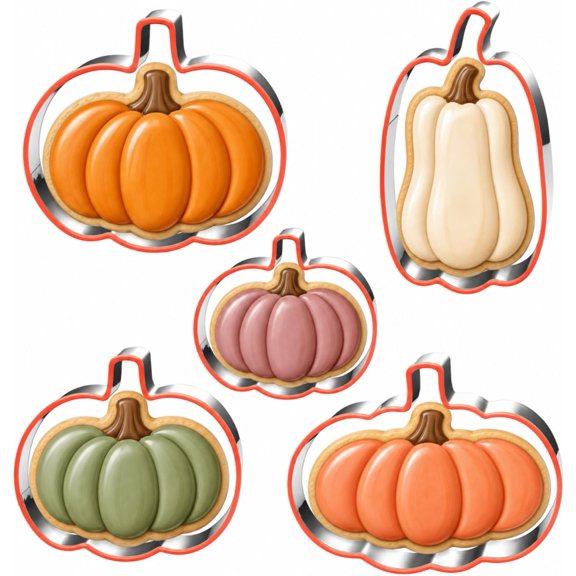 5 Piece Pumpkin Cookie Cutters Set, Silicone Rim Baking Set | Dishwasher-safe stainless steel cutters for cookies, fondant, sandwiches, fall parties and home baking treats.