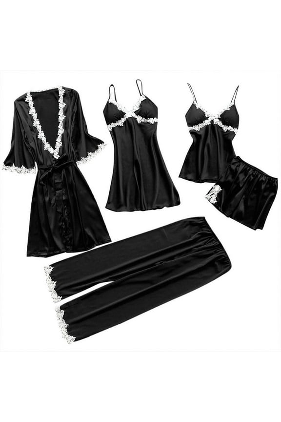 5 Piece Pyjamas Set Women Satin Silk Pajamas Kimono Robe Lace Cami Tops Shorts Pants Nightdress Bathrobe Pjs Sets Sleepwear Soft Comfy Loungewear Black XXL