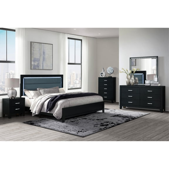 5-Piece Queen Bed Set | Modern Design for Bedroom Space | Polyester Upholstered on Rubberwood Bed | LED Lighting and Silver Handles
