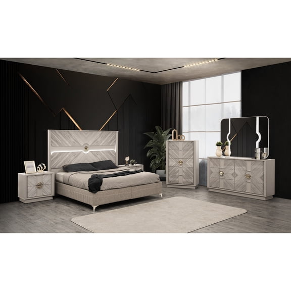 5 Piece Queen Bedroom In Beige - Traditional Style With Wood & Gold Glossy Lacquer, Hydraulic Storage, Silent Comfort Pc Wood, Accents Finish, Ample Modern