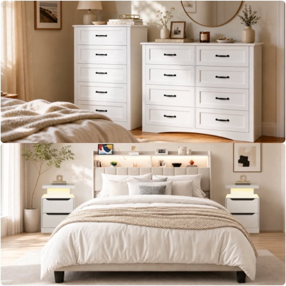 5 Piece Full Bedroom Furniture Set - Gizoon Beige Lighted Bed Frame, Two White Lighted Nightstands, One 5 Drawer Dresser and 8 Drawer Dresser, Modern Home Collection