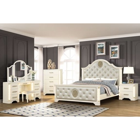 5-Piece Queen Bedroom Furniture with Nightstand | LED-Tufted Bed for Modern Bedroom | Acacia Wood Durability | Offers Spacious Drawer Storage