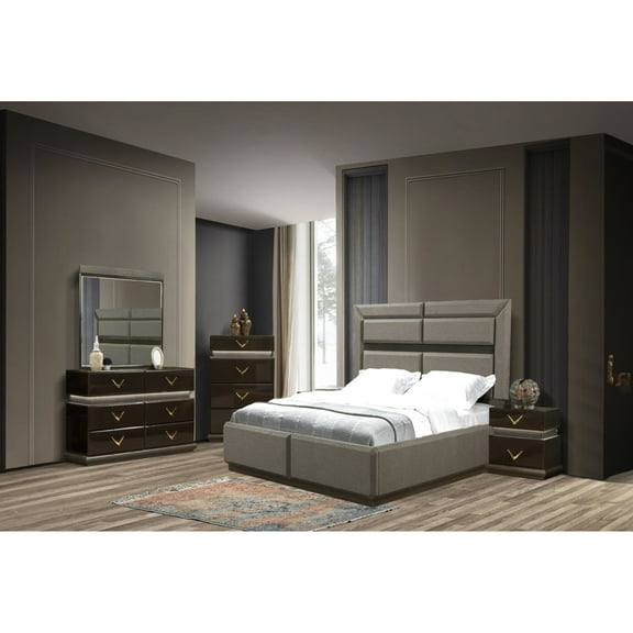 5 Piece Queen Bedroom In Warm Brown - Modern Design With Led Lighting, Platform Bed, 6 Dresser, Mirror, Nightstand, Chest 5 Setup Rich Brown,