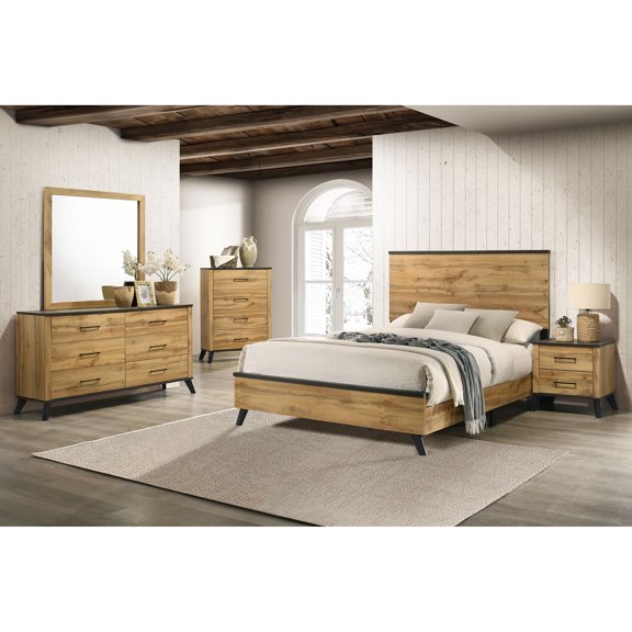 5-Piece Queen Bedroom Set with Natural Pine Finish, Weathered Brown Accents, Nightstand, Dresser with Mirror, Chest, Wood Construction