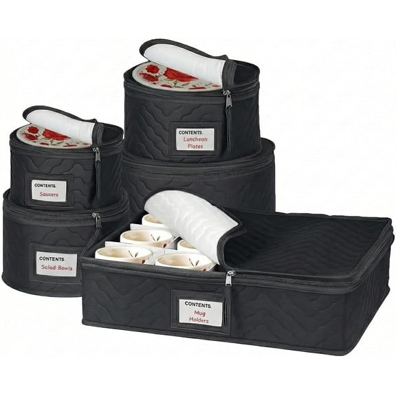 5-Piece Quilted Microfiber Dish Storage Boxes with Dividers, Holds 12 Dinnerware Sets, Black