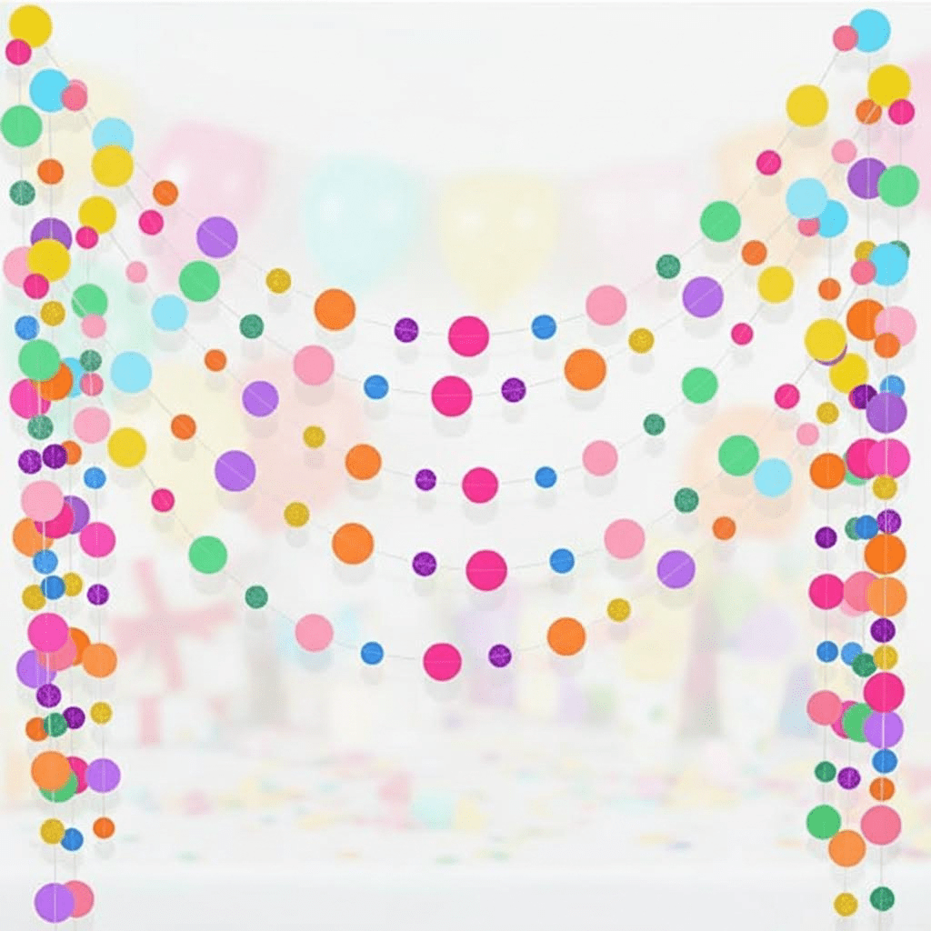 5-Piece Rainbow Glitter Dot Garland Streamers - Colorful Confetti Hanging Decor for Birthday, Halloween, Classroom, Car Trunk or Treat Party Backdrop