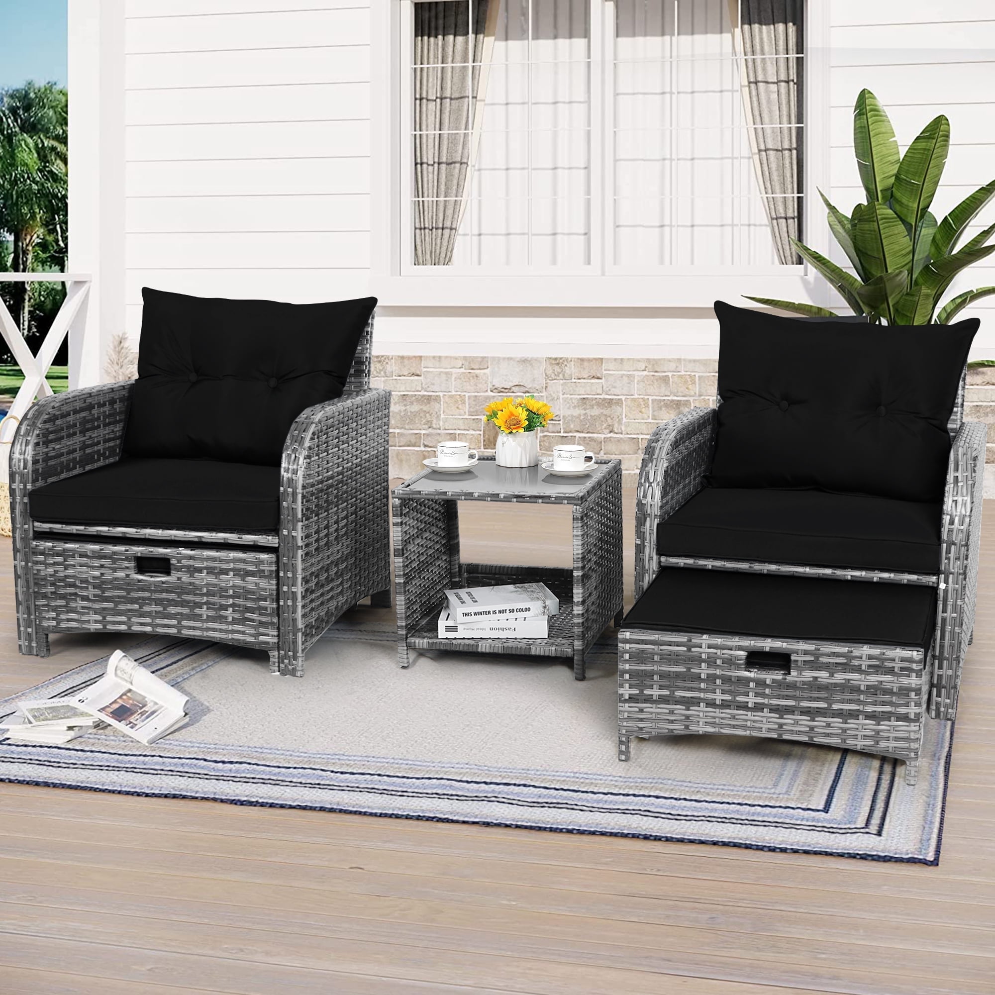 5 Piece Rattan Outdoor Patio Furniture Set, 5 Pieces Wicker Outdoor Patio Chairs Set with Ottoman, Black