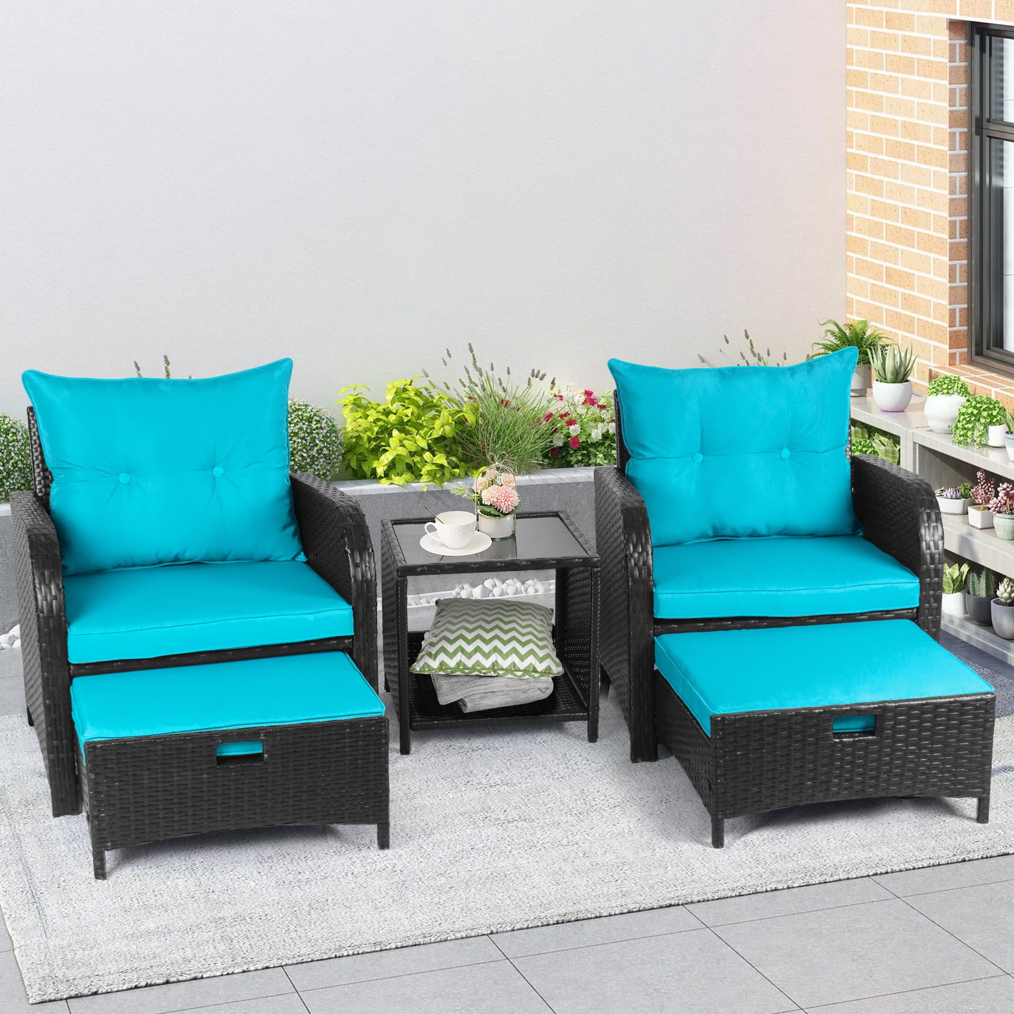 5 Piece Rattan Outdoor Patio Furniture Set, 5 Pieces Wicker Outdoor