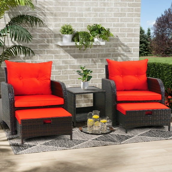 5 Piece Rattan Outdoor Patio Furniture Set, 5 Pieces Wicker Outdoor Patio Chairs Set with Ottoman, Orange
