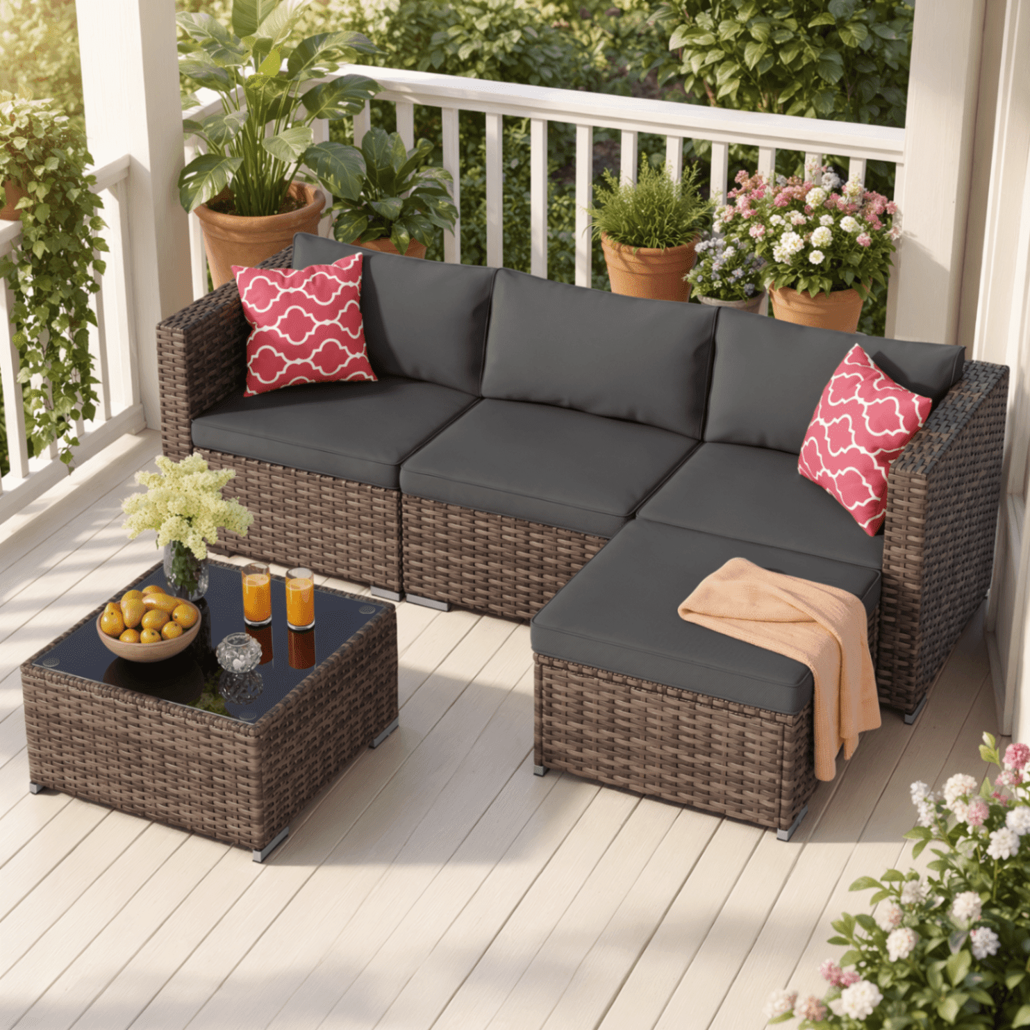 5 PCS Wicker Patio Furniture Set, PE Rattan Outdoor Sectional Sofa with Beige Cushions and Glass Coffee Table, for Backyard, Porch, Poolside & Garden - Brown Rattan, Black Cushion