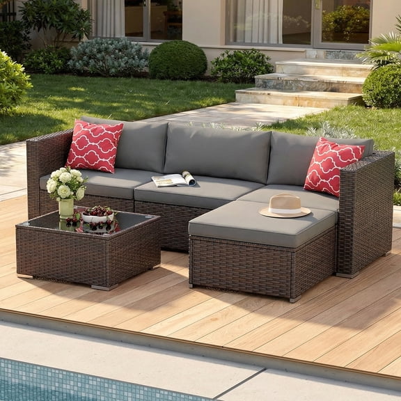 5 PCS Wicker Patio Furniture Set, PE Rattan Outdoor Sectional Sofa with Beige Cushions and Glass Coffee Table, for Backyard, Porch, Poolside & Garden - Brown Rattan, Gray Cushion