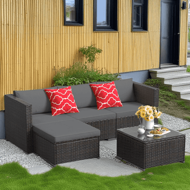 Aiho 5 Pieces Patio Furniture Set , Outdoor Conversation Furniture Set with Cushions and Glass Table for Backyard, Garden, Grey