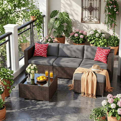 5 PCS Wicker Patio Furniture Set, PE Rattan Outdoor Sectional Sofa with Beige Cushions and Glass Coffee Table, for Backyard, Porch, Poolside & Garden - Brown Rattan, Gray  Cushion