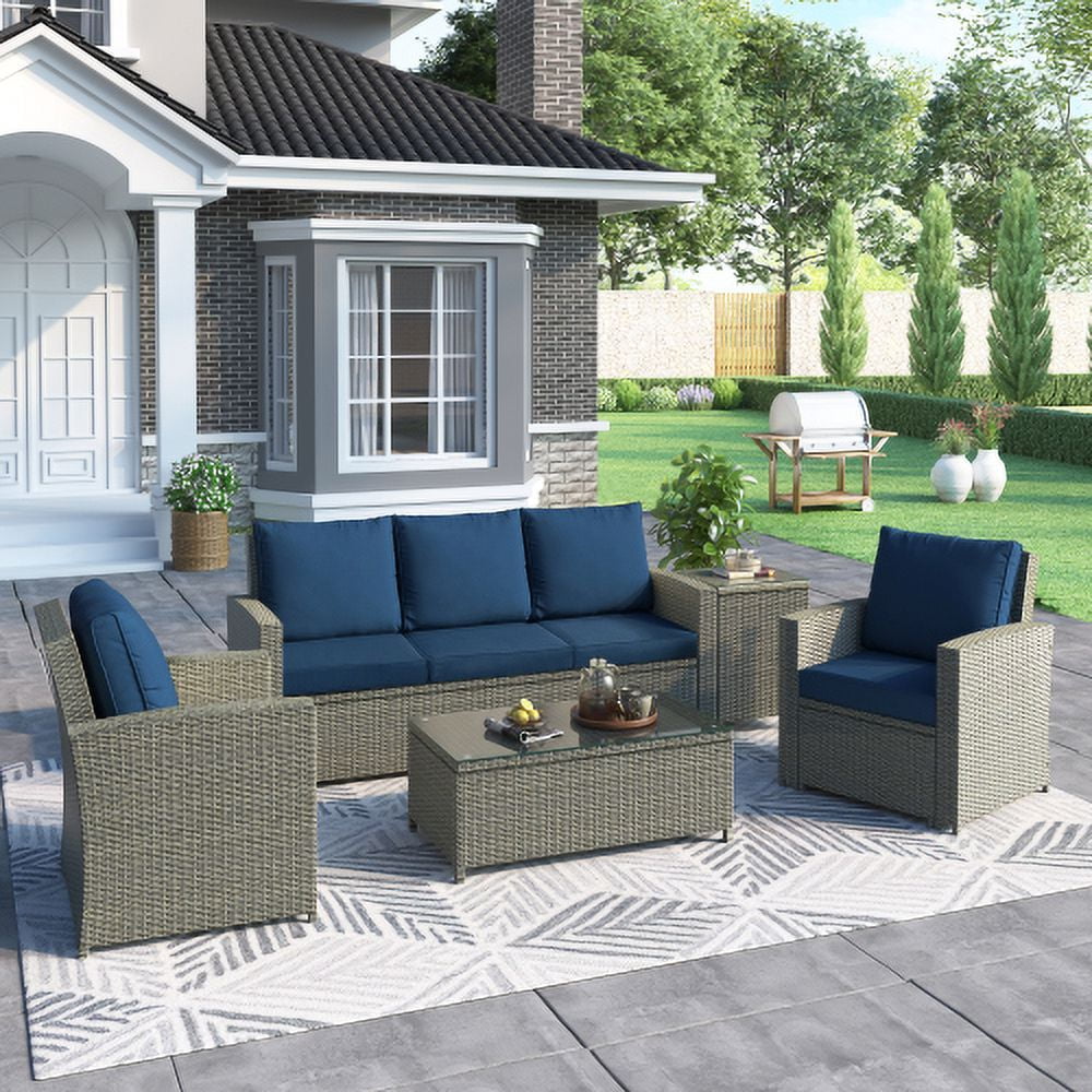 5 Piece Rattan Sectional Seating Group with Cushions and table, Patio