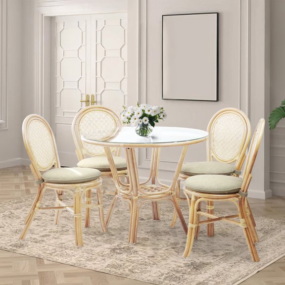 5 Piece Rattan Wicker Dining Set Round Table Glass Top and 4 Denver Side Chairs with Cushions, Natural Color
