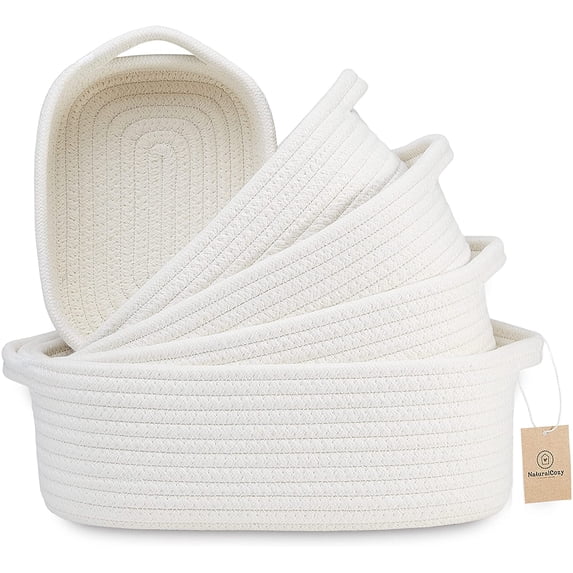 5-Piece Rectangle Storage Basket Set- Natural Cotton Rope Woven for Organizing! Small Basket for Montessori, Baby Nursery, Dog Toy Baskets, Cat Toy Box, Bathroom Organization Bin