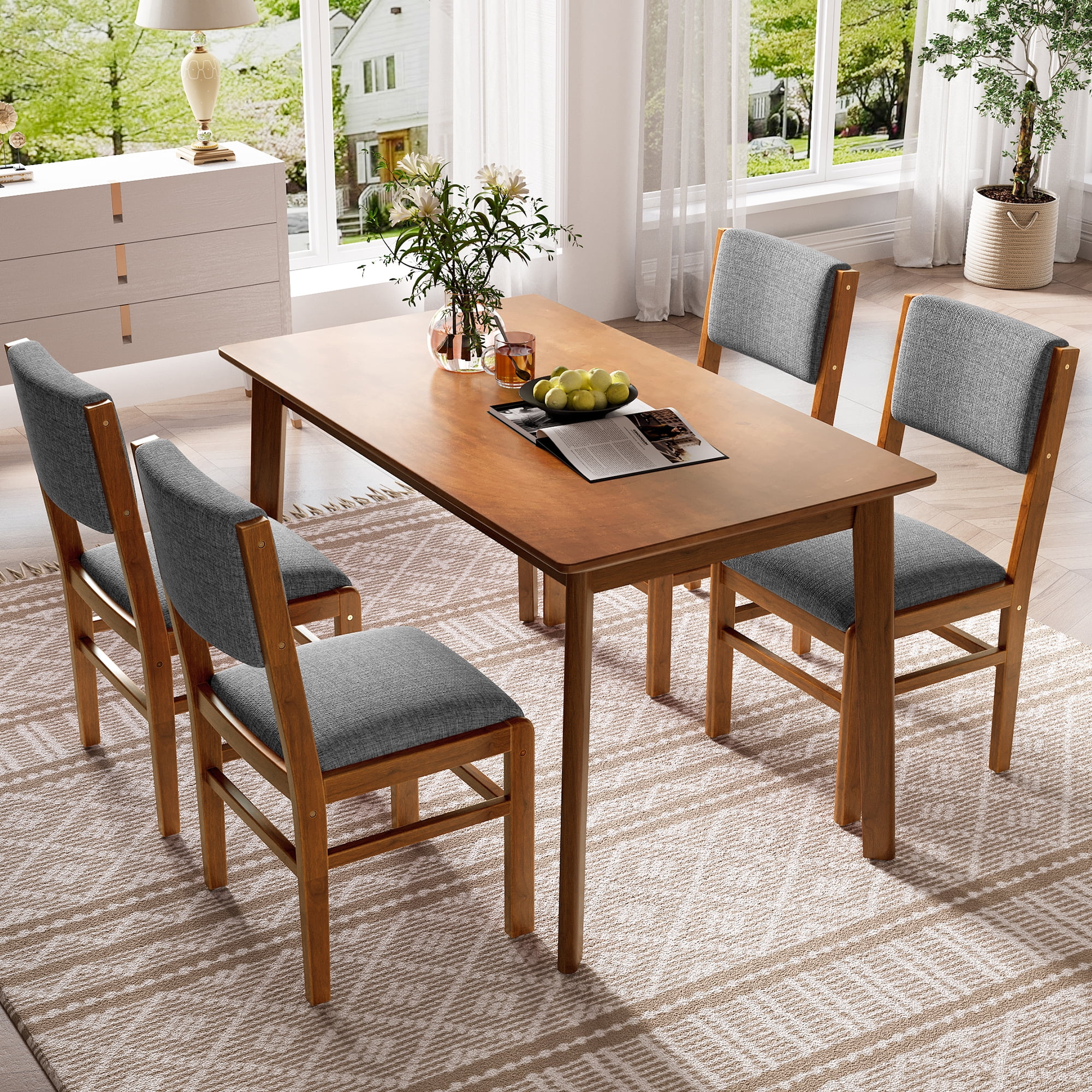 5-Piece Rectangle Wooden Dining Table Set, Mid Century Modern Kitchen ...