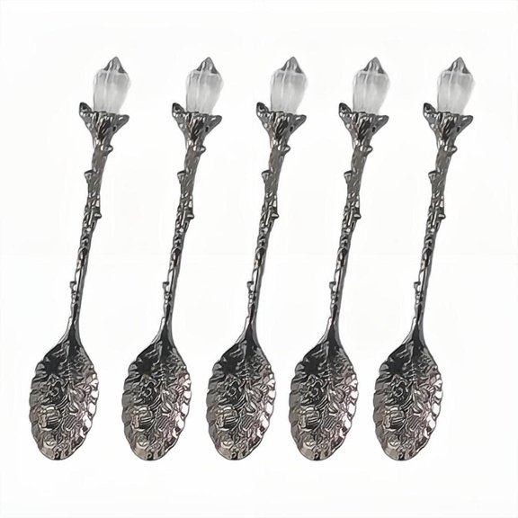 5-Piece Retro Carved Leaf Spoon Set Vintage Crystal Head Zinc Alloy Spoons for Mug Dessert Coffee Ice Cream Fruit Antique Blue actual_color gunblack