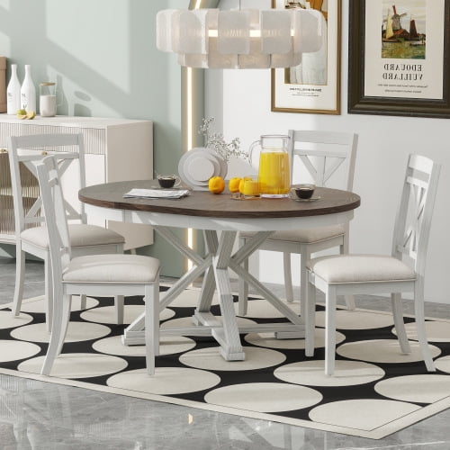 5-Piece Retro Extendable Dining Table Set with 4 Upholstered Chairs, Round to Oval Drop-Leaf Table for Kitchen Living Room, Brown