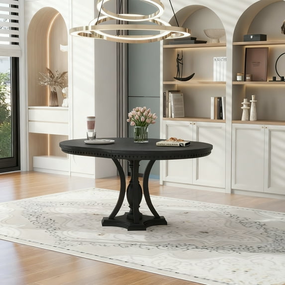 5-Piece Retro Extendable Round Dining Set, Table + 4 Chairs, Black Oak, for Kitchen, Dining Room