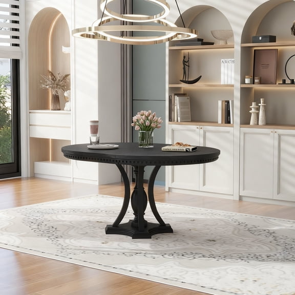 5-Piece Retro Extendable Round Dining Set, Table + 4 Chairs, Black Oak, for Kitchen, Dining Room