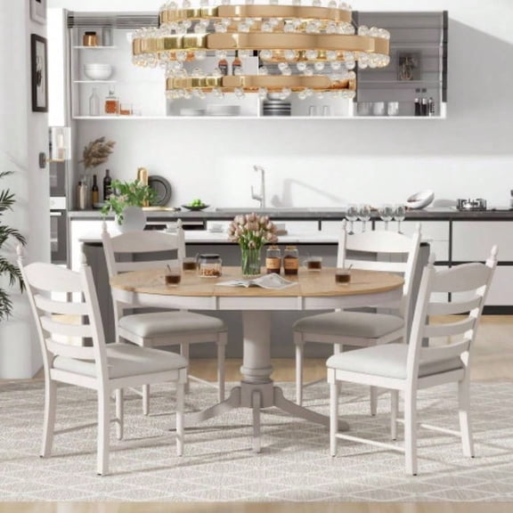 5-Piece Retro Extendable Round Wood Dining Table Set With 4 Upholstered Chairs, Suitable for Small Dining Space