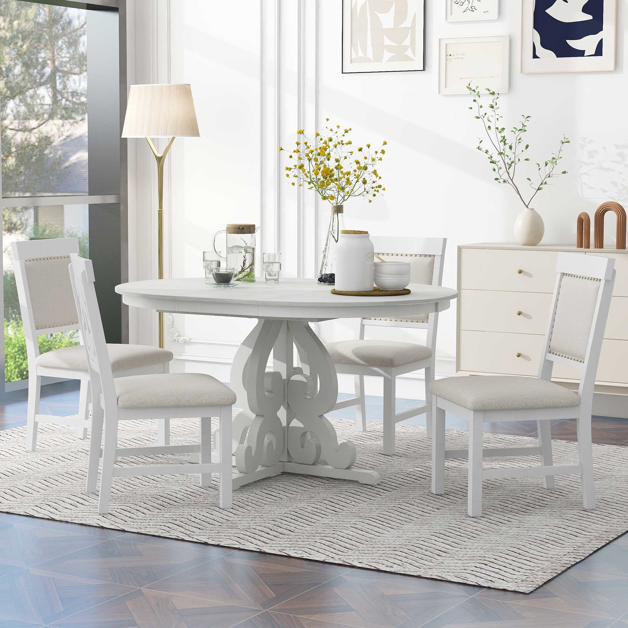 Antique White Extendable Dining Table Set with 4 Upholstered Chairs