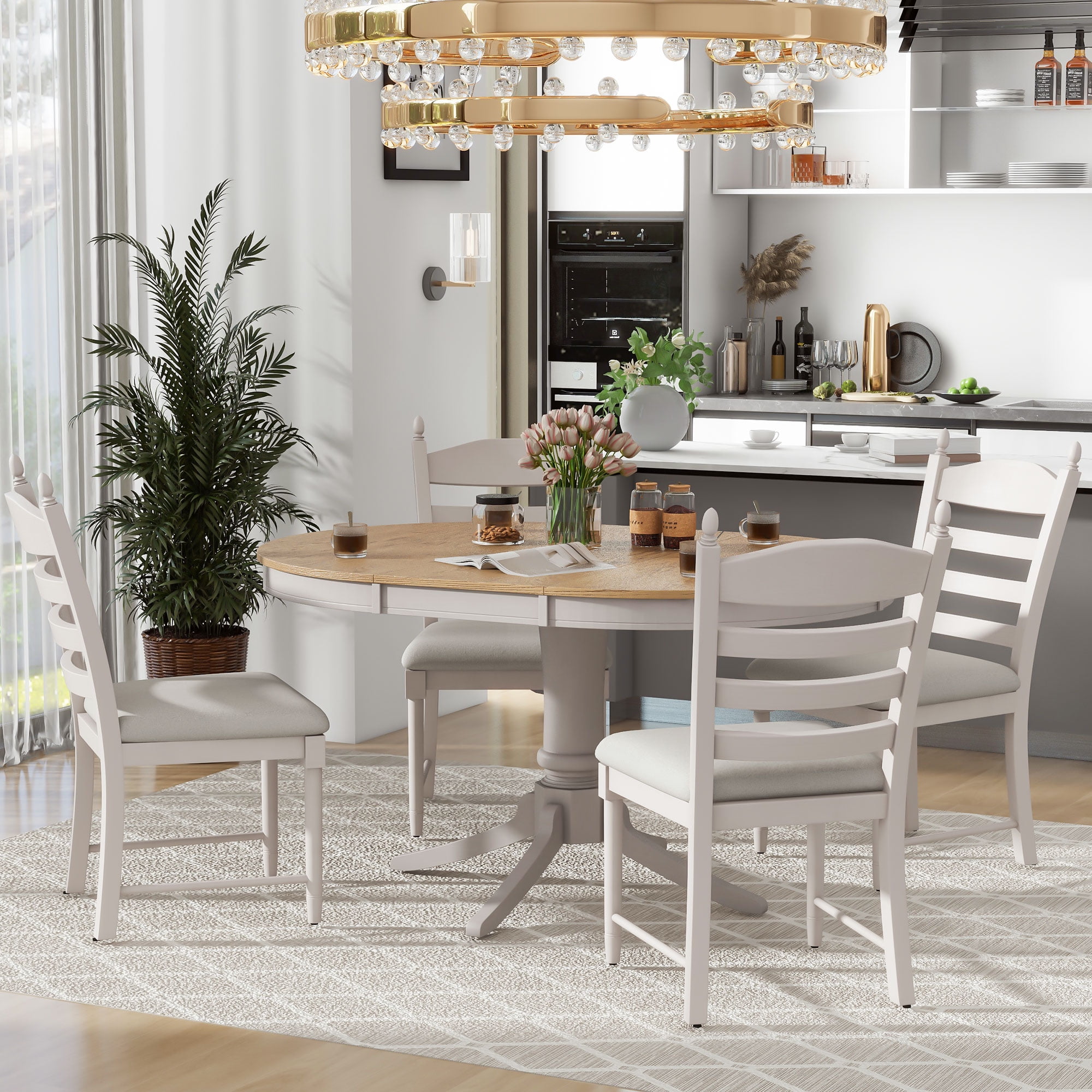 5-Piece Retro Functional Dining Table Set - Wood Round Extendable Table ...