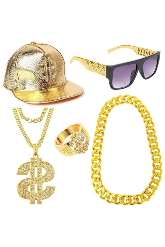 5-Piece Retro Hip Hop Costume Set with Dollar Sign & Gold Chains, Adjustable Hat & Glasses, 80s 90s Theme Party for Men