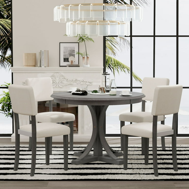 DINTABBLE 5 Piece Retro Round Dining Table Set for 4 Kitchen Table Set with Curved Trestle Style Legs and 4 Upholstered Chairs Effortless Style