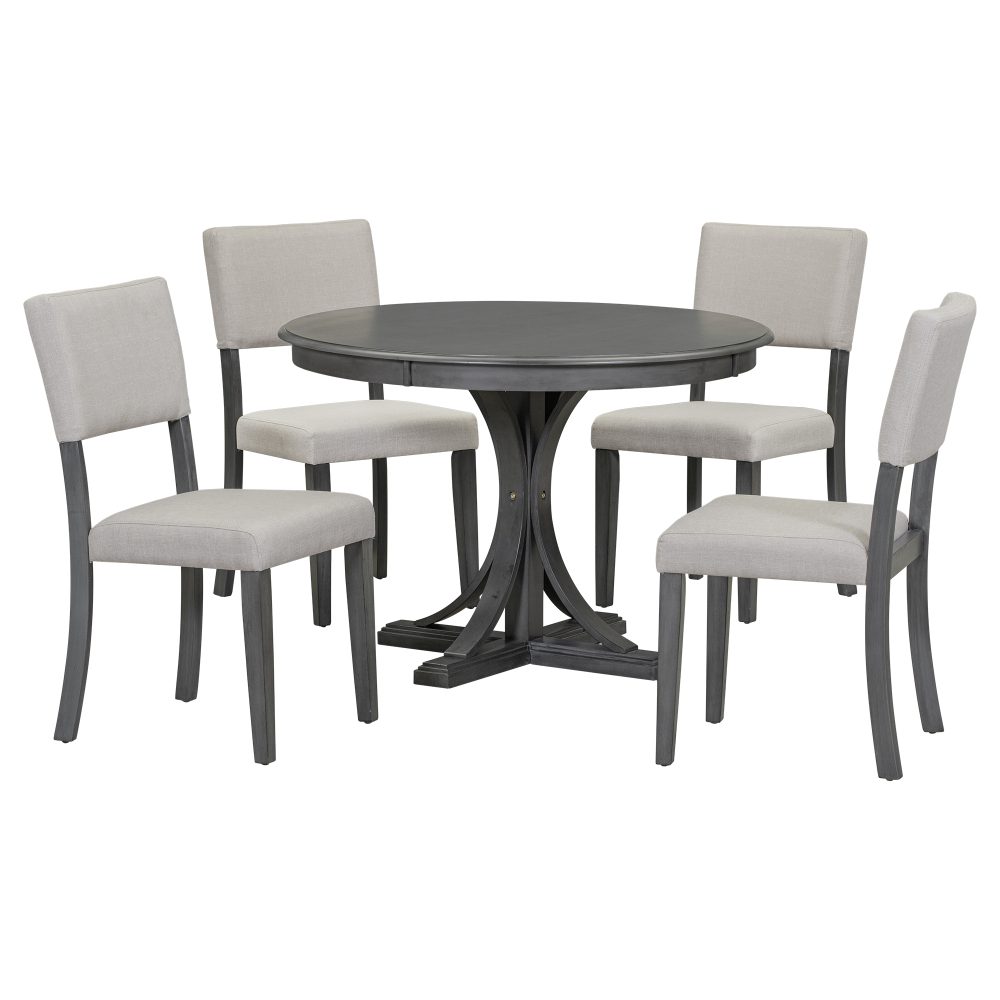 5 Piece Retro Round Dining Table Set with 4 Upholstered Chairs, Wood ...