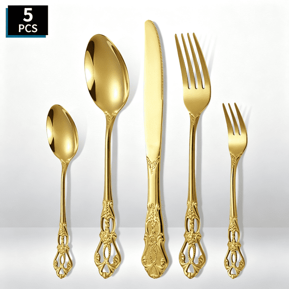 5-Piece Retro Royal Flatware Set - Vintage Gold Stainless Steel Dinnerware Collection Including Dinner Knives, Forks & Spoons, Dishwasher Safe Kitchen Cutlery