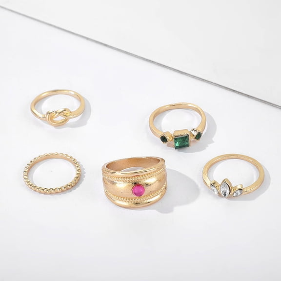 5-Piece Retro Style Wide Brim Knuckle Rings Set for Women, Alloy Inlaid Artificial Gems, European and American Geometric Design, Electroplated Finish