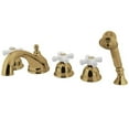 thumbnail image 1 of 5 Piece Roman Tub Filler with Porcelain Cross Lever Handle & Hand Shower - Polished Brass, 1 of 1
