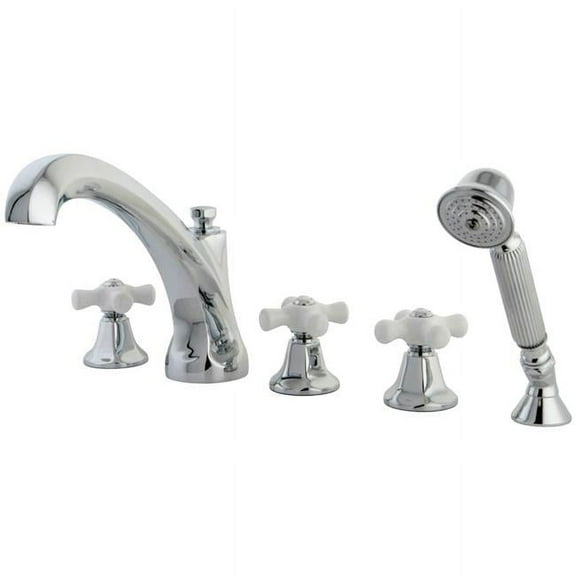 5 Piece Roman Tub Filler with Procelain Cross Lever Handle & Hand Shower, Chrome