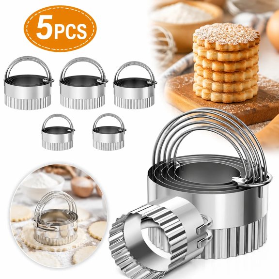 5 Piece Round Biscuit Cutters with Handle, Stainless Steel Circle Cookie Cutter with Fluted Edge, Professional Baking Essential Tool for Pastry,Scone,Donut