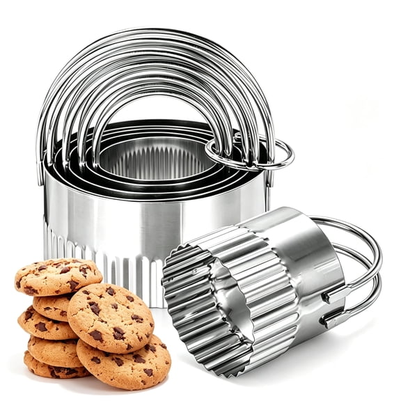 5 Piece Round Biscuit Cutters Set, Stainless Steel Circle Cookie Cutter with Fluted Edge and Handle, Professional Baking Dough Tools for Pastry, Scone, Donut