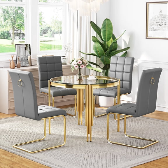 5-Piece Round Dining Set, Modern 37" Clear Tempered Glass Table and 4 PU Leather Padded Chairs for Kitchen, Small Spaces, Apartment(Gold Gray)