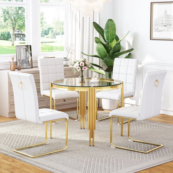 5-Piece Round Dining Set, Modern 37" Clear Tempered Glass Table and 4 PU Leather Padded Chairs for Kitchen, Small Spaces, Apartment