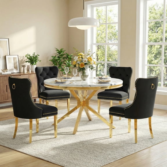 5-Piece Round Dining Set, Modern 46.85" Round Faux Marble Table with X-Shaped Stainless Steel Base and 4 Velvet Dining Chairs with Tufted Backrest, for Dining Room, Kitchen