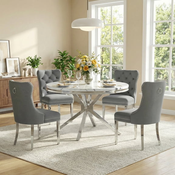 5-Piece Round Dining Set, Modern 46.85" Round Faux Marble Table with X-Shaped Stainless Steel Base and 4 Velvet Dining Chairs with Tufted Backrest, for Dining Room, Kitchen