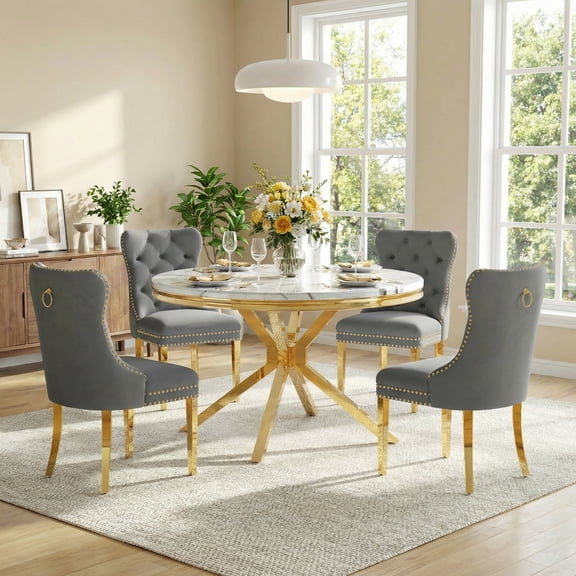 5-Piece Round Dining Set, Modern 46.85" Round Faux Marble Table with X-Shaped Stainless Steel Base and 4 Velvet Dining Chairs with Tufted Backrest, for Dining Room, Kitchen