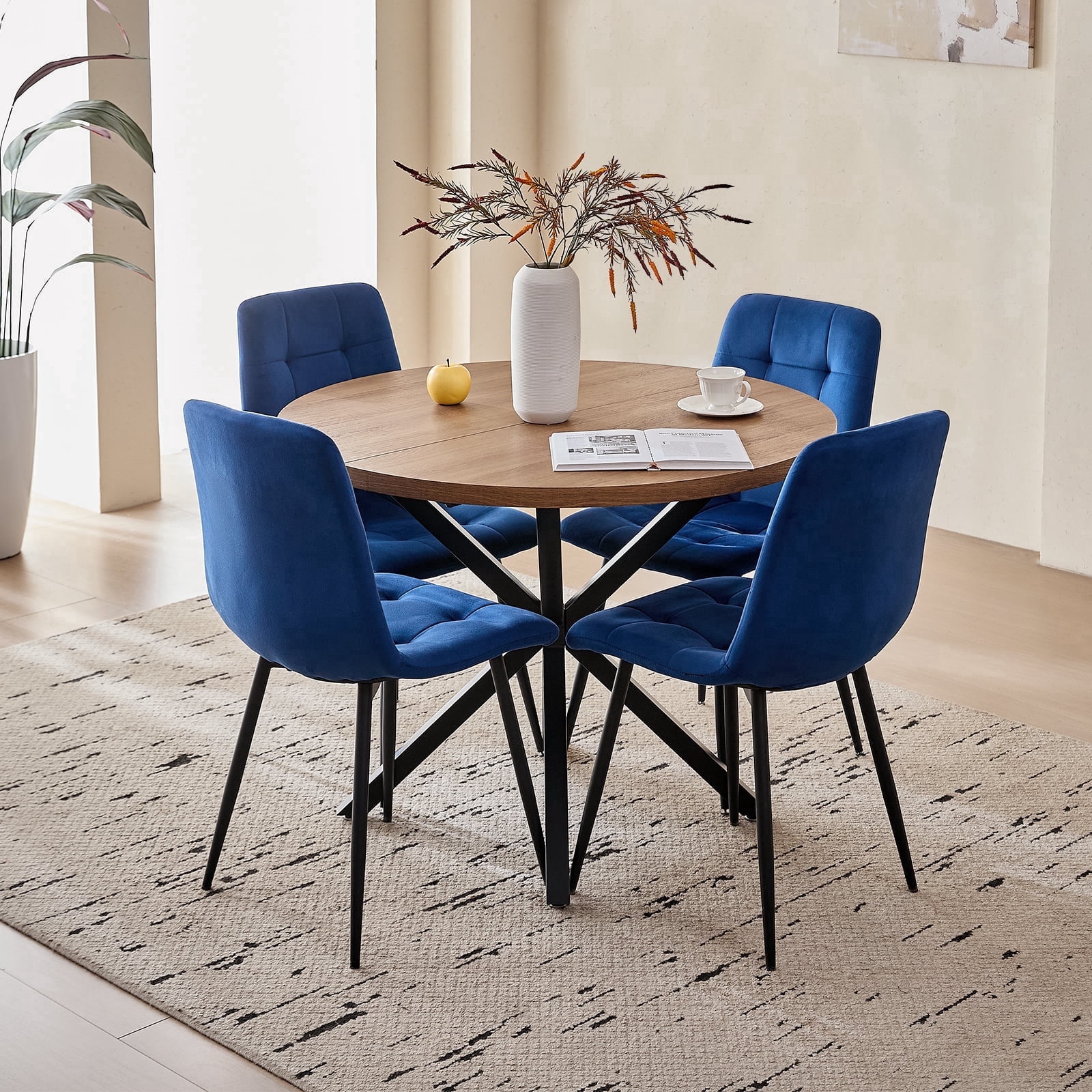 5 Piece Round Dining Table Chairs Set for 4 - Mid-Century Modern Brown ...