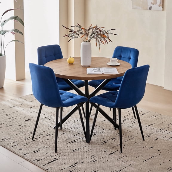 5 Piece Round Dining Table Chairs Set for 4 - Mid-Century Modern Brown Kitchen Table with 4 Blue Velvet Chairs, Coffee Table & Chair with Black Metal Legs for Dining Living Room, Apartment