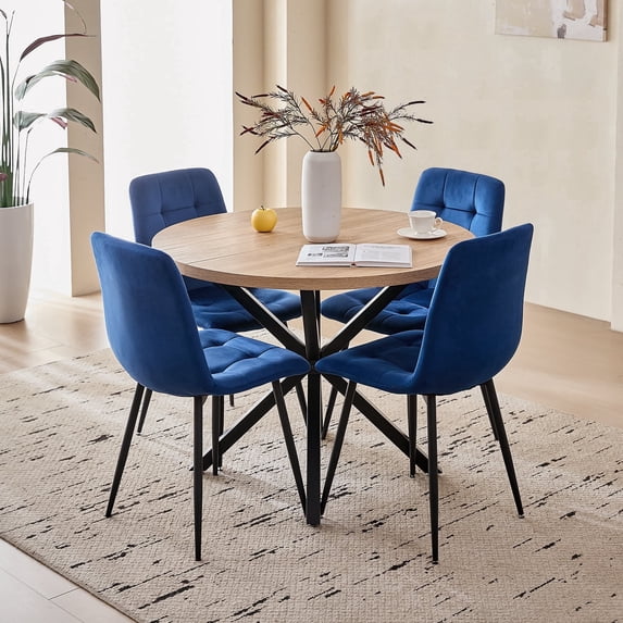 5 Piece Round Dining Table Chairs Set for 4 - Mid-Century Modern Oak Kitchen Table with 4 Blue Velvet Chairs, Coffee Table & Chair with Black Metal Legs for Dining Living Room, Apartment