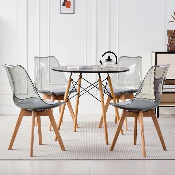 5 Piece Round Dining Table Set for 4, 31.5" Kitchen Table with 4 Clear Gray Acrylic Chairs for Restaurant Bedroom Living Room, Space Saving Black Table Chair Set of 4