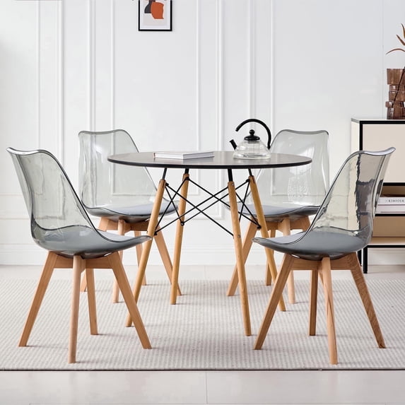 5 Piece Round Dining Table Set for 4, 35.5" Kitchen Table with 4 Clear Gray Acrylic Chairs for Restaurant Bedroom Living Room, Space Saving Black Table Chair Set of 4