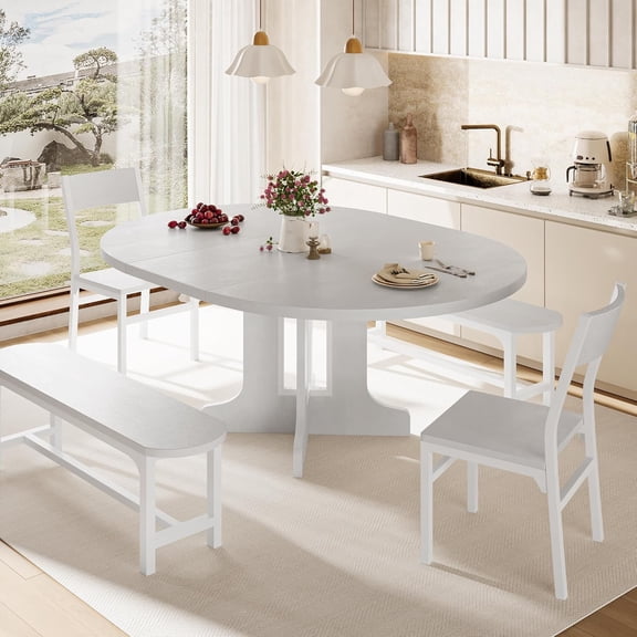 5-Piece Round Dining Table Set for 4-6,59" Extendable Dining Room Table Set with 2 Ergonomic Chairs & 2 Benches,Oval Modern Kitchen Table with Metal Frame & MDF Board,Space-Saving,White